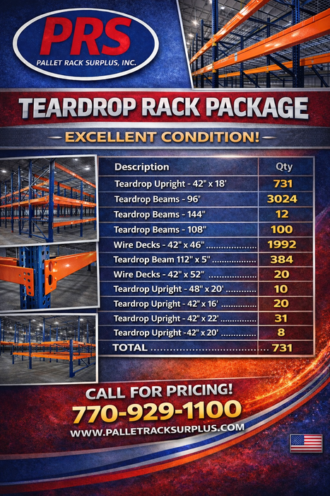 800+ Sections Incoming Teardrop Pallet Rack Package 42" x 18'