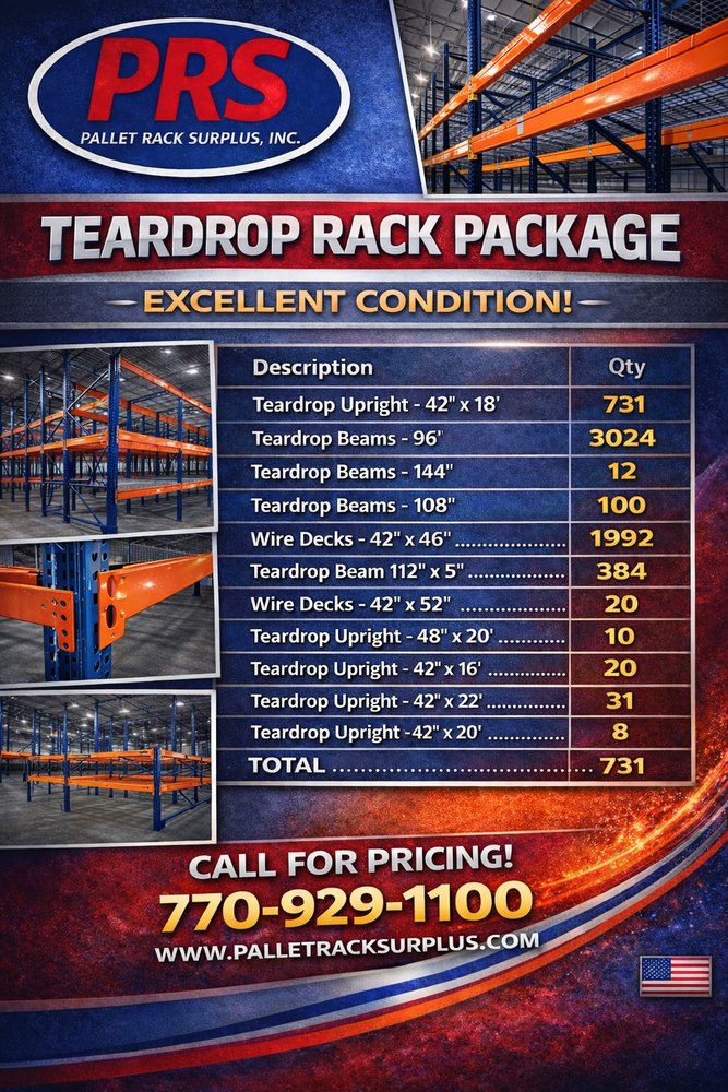 800+ Sections Incoming Teardrop Pallet Rack Package 42" x 18'